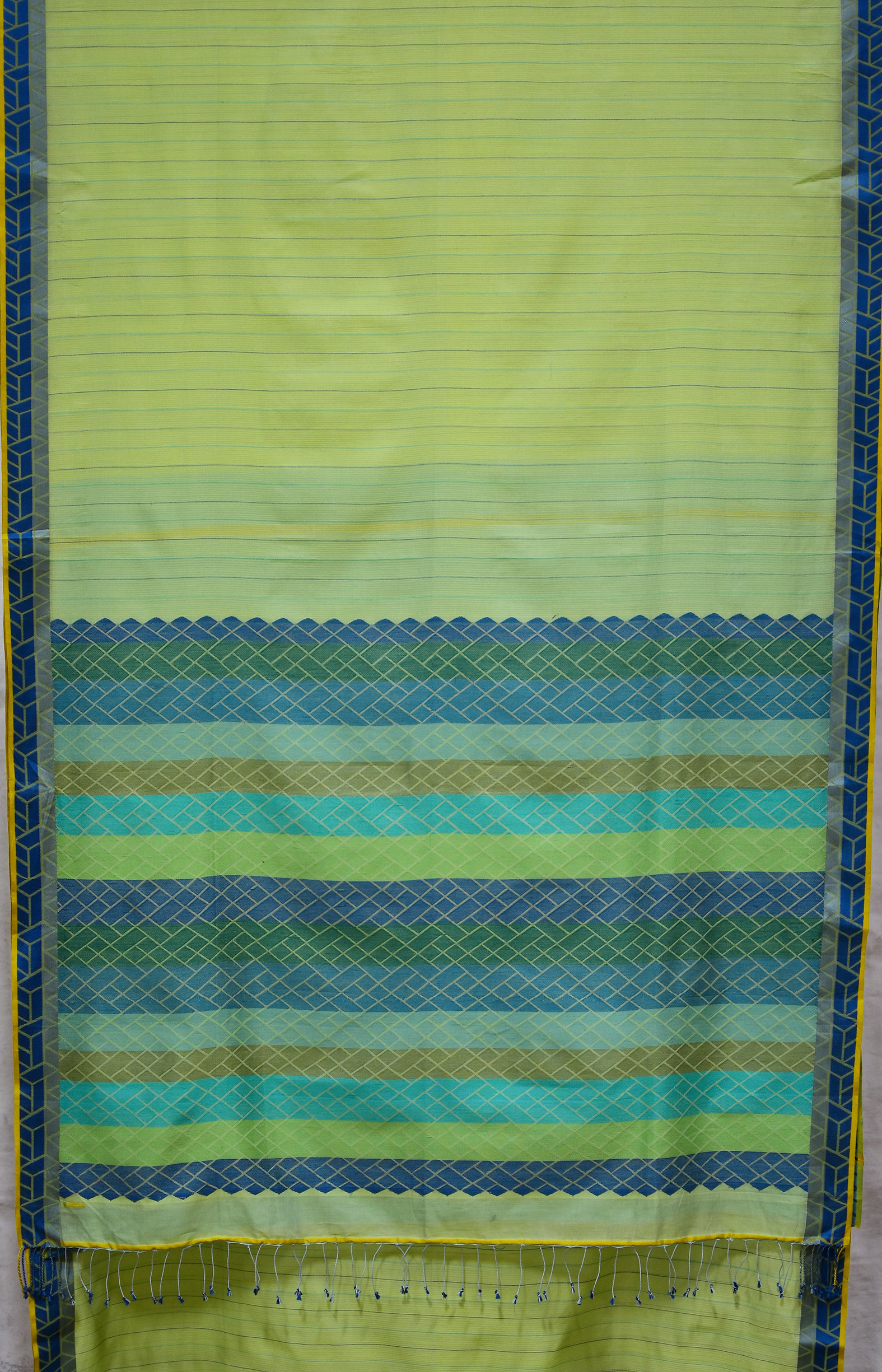 Green, Handwoven Organic Cotton, Textured Weave , Jacquard, Work Wear , Striped Saree